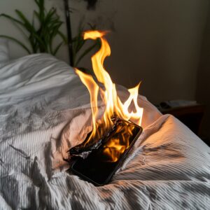 Ein brennendes Handy auf dem Bett. Dieses Bild ist mit einer KI erzeugt.
